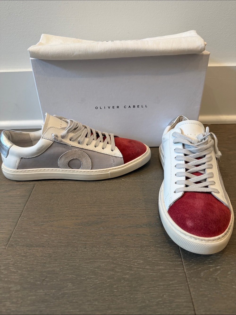 Oliver Cabell White Sneakers with Red Suede Toe